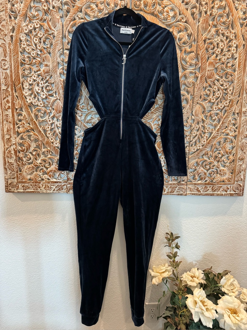 Juicy Couture Velour Cutout Jumpsuit Navy Rhinestone Logo Long Sleeves- size M - Picture 2 of 15